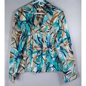Coldwater Creek Teal Brown Black Abstract‎ Blazer Jacket Snaps Pockets Wms Sz 16